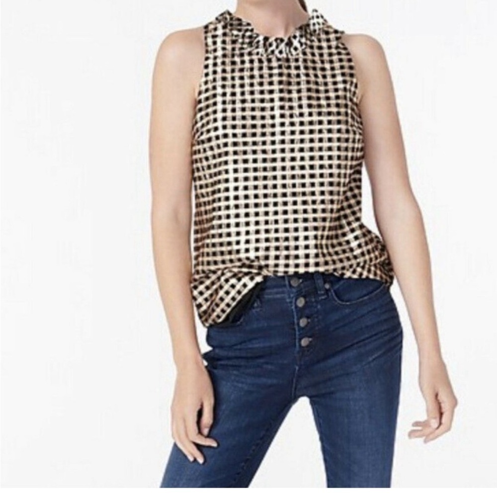 J Crew textured Gingham ruffled neck gold foil black top blouse relaxed fit SM